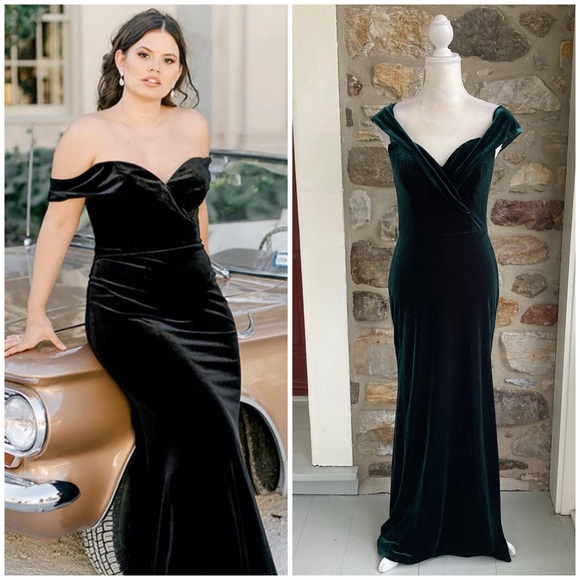 Revelry Dresses & Skirts - Revelry Bardot Velvet Fit and Flare Off Shoulder Maxi Gown Dress Green